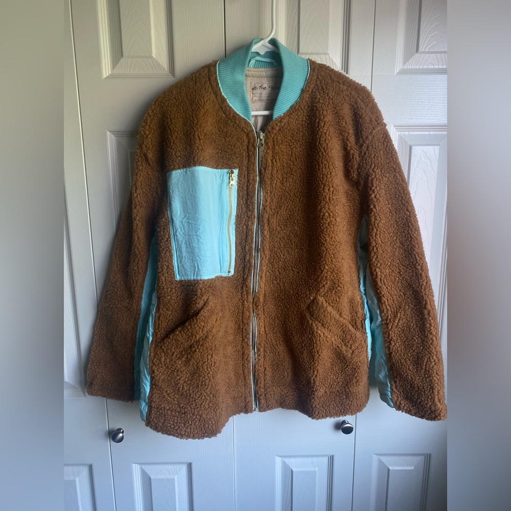 Free People We The Free Rivington Sherpa Jacket Brown Blue Zip Up Sz L - Picture 4 of 11